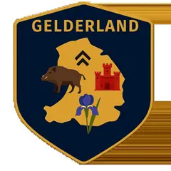 Wapen van Gelderland met wild zwijn, kasteel en iris, symbolen van erfgoed en natuur.