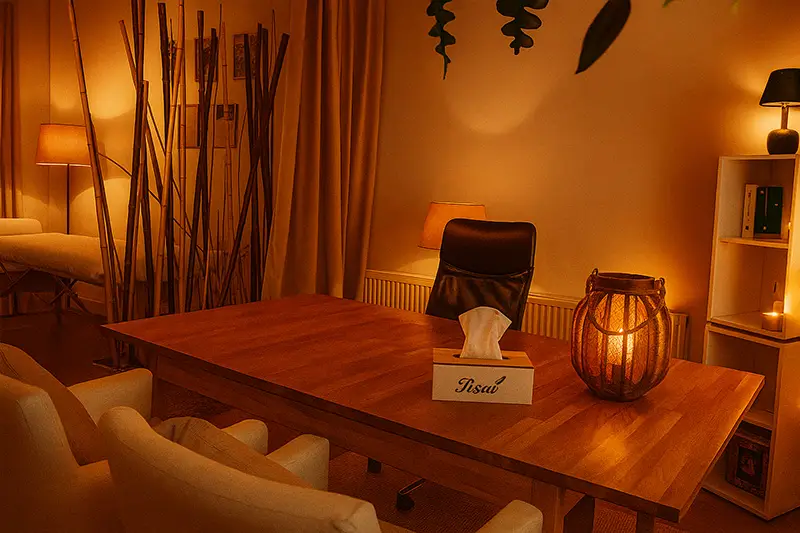Rustige praktijkruimte in Amsterdam-West voor therapie, met warme verlichting en comfortabele meubels.