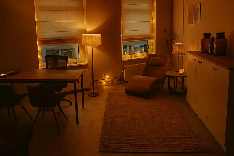 Cozy hypnotherapie praktijkruimte in Den Haag met warme verlichting en uitnodigende sfeer.