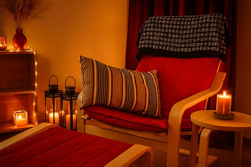 Cozy hypnotherapie praktijkruimte van Frans Brouwers in Limburg met warme verlichting en comfortabele meubels.