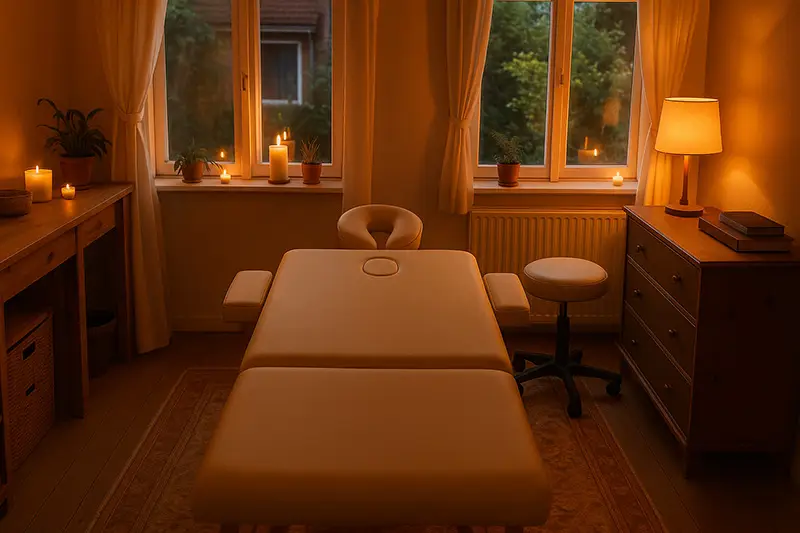Rustgevende massagekamer van Hypnotherapie Lochem bij Akvosento, ontworpen voor welzijn en ontspanning.