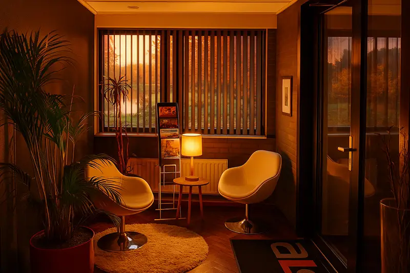 Cozy praktijkruimte voor hypnotherapie in Roermond met warme verlichting en moderne meubels.