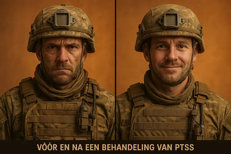 Soldaat voor en na PTSS-behandeling: emotionele transformatie en herstel in portretten.